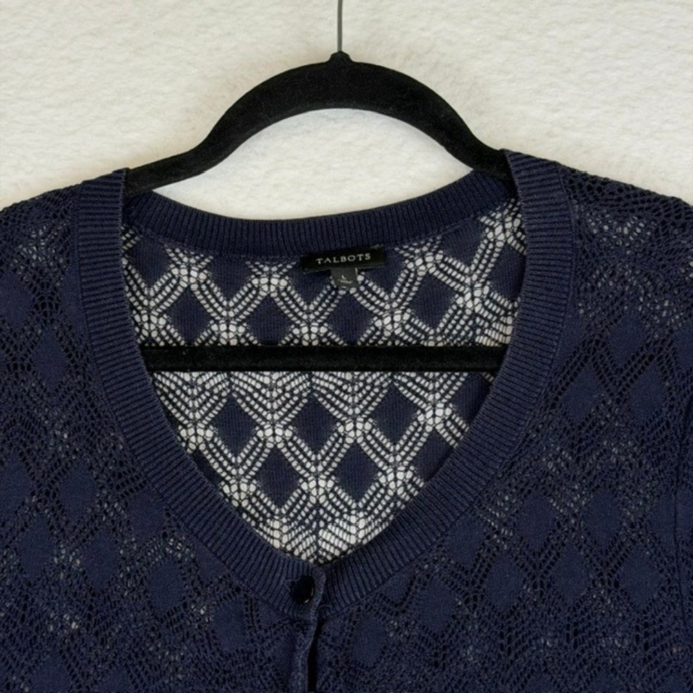 Talbots Navy Blue Pointelle Knit Short Sleeve Button Front Cardigan Sweater L - Picture 3 of 7